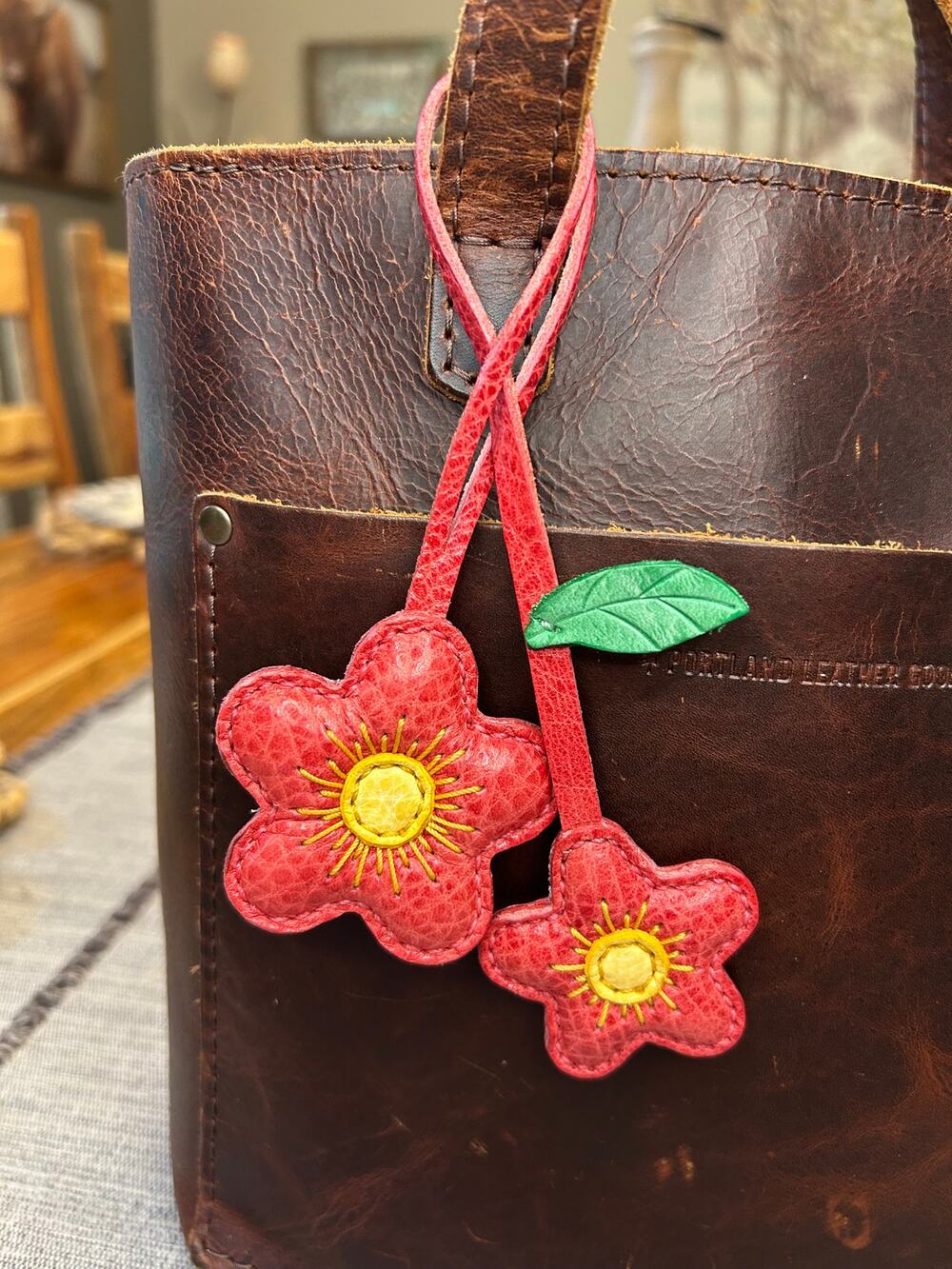 Double Red Pink Flower Bag Charm Daisy Flower Genuine Leather Purse Charm